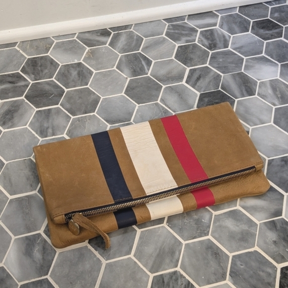 Clare V. The Foldover Clutch Camel Americana Stripe Leather Handbag - Picture 2 of 9